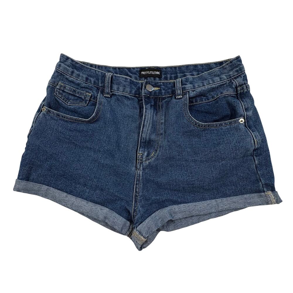 PrettyLittleThing Denim Short Shorts Womens 12 Blue Roll Hem High Rise Festival